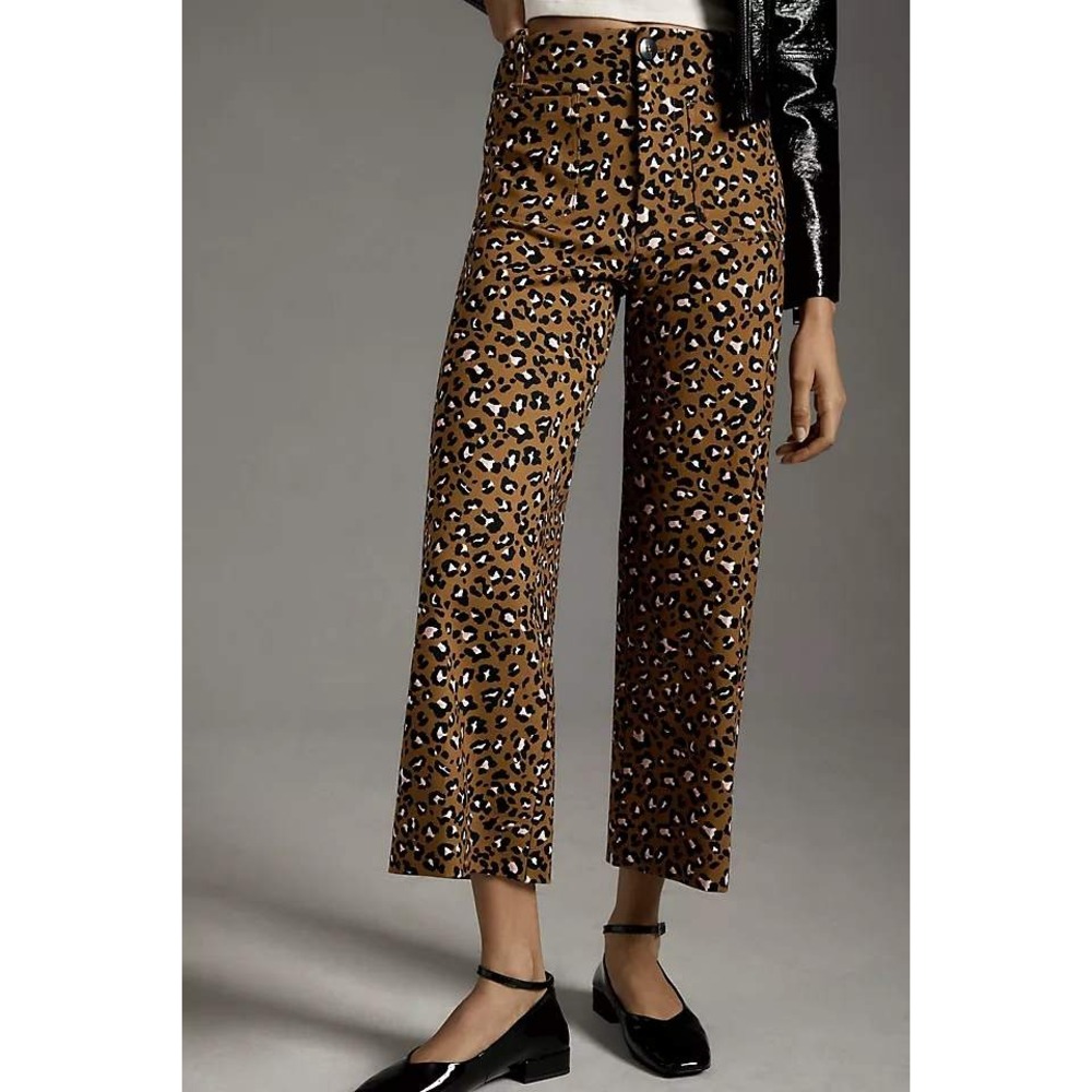 Maeve Colette Cropped Wide Leg Pants 29 Brown Pink Cheetah Leopard Print Crop